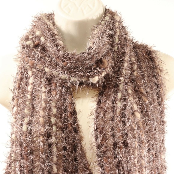 Renee's NYC Womens Fringed Scarf Brown Tan Chenille Anthopologie Faux Fur NEW - Picture 2 of 6